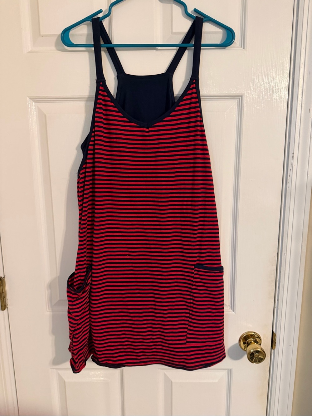 Navy and Red Striped Sleeveless Romper Dress with Pockets